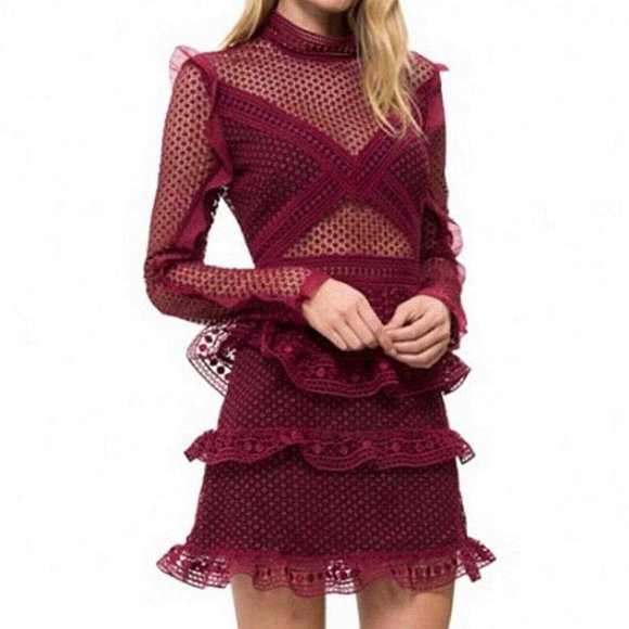 SELF-PORTRAIT Burgundy High Neck Dot Mesh Mini Dress, Size 2 (US) 6 (UK) NWT!